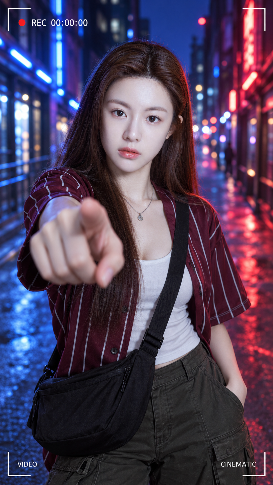 成人女性霓虹街头手机录像肖像 — AI image creation