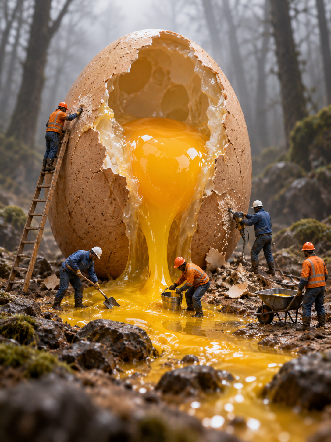Golden Egg in Misty Forest with Miniature Workers