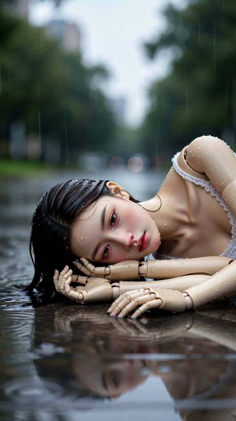 雨中落泪的木偶人像 — AI video creation