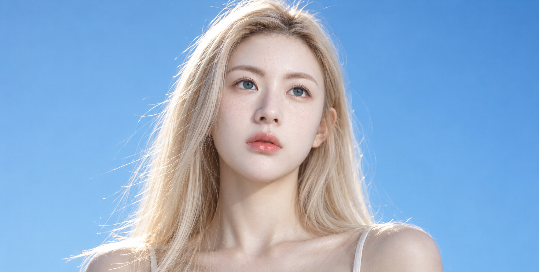 푸른 하늘 아래 백금발 성인 여성의 근접 초상화
