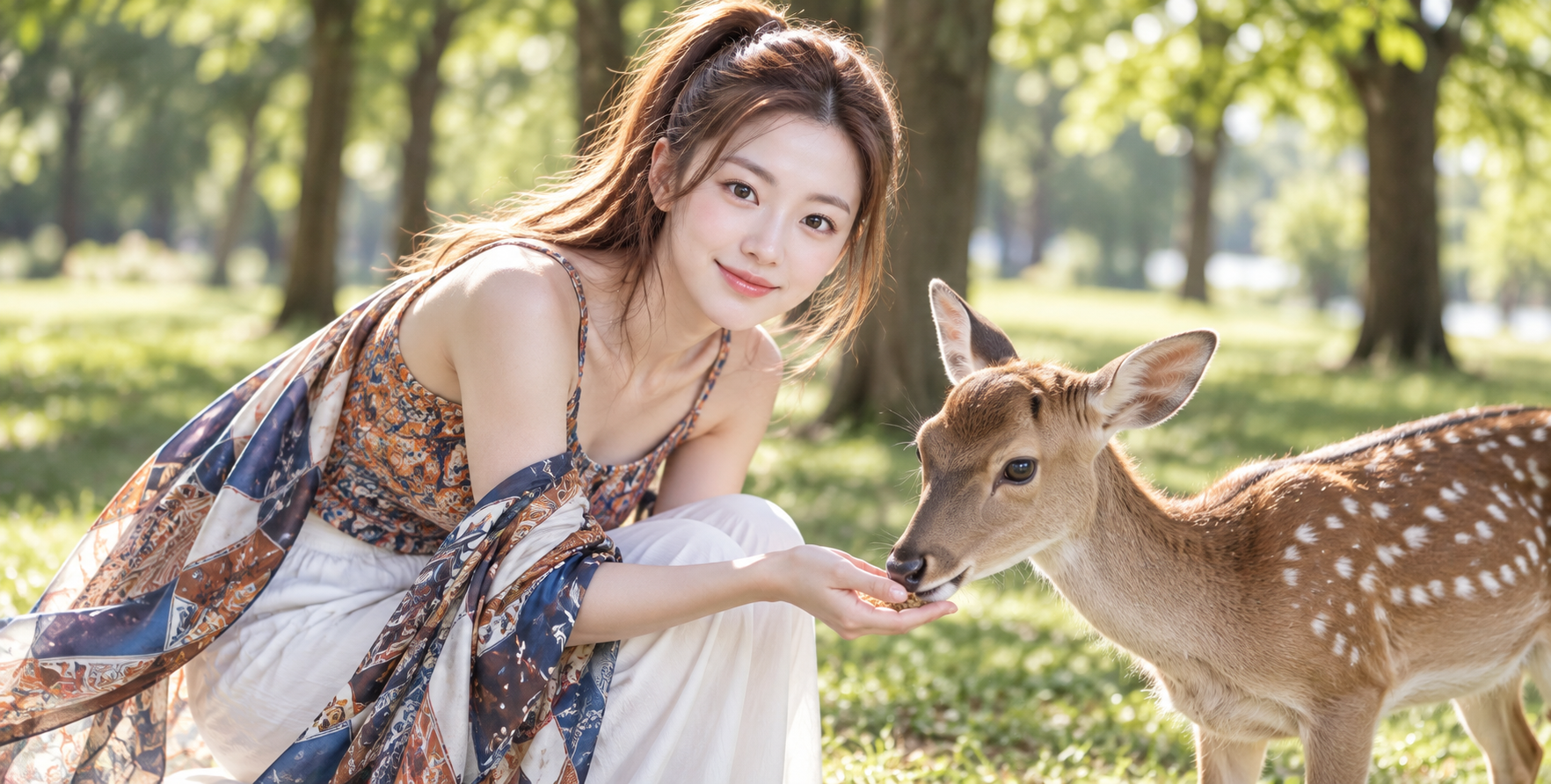 夏日暖阳中成年女子与小鹿的温柔互动