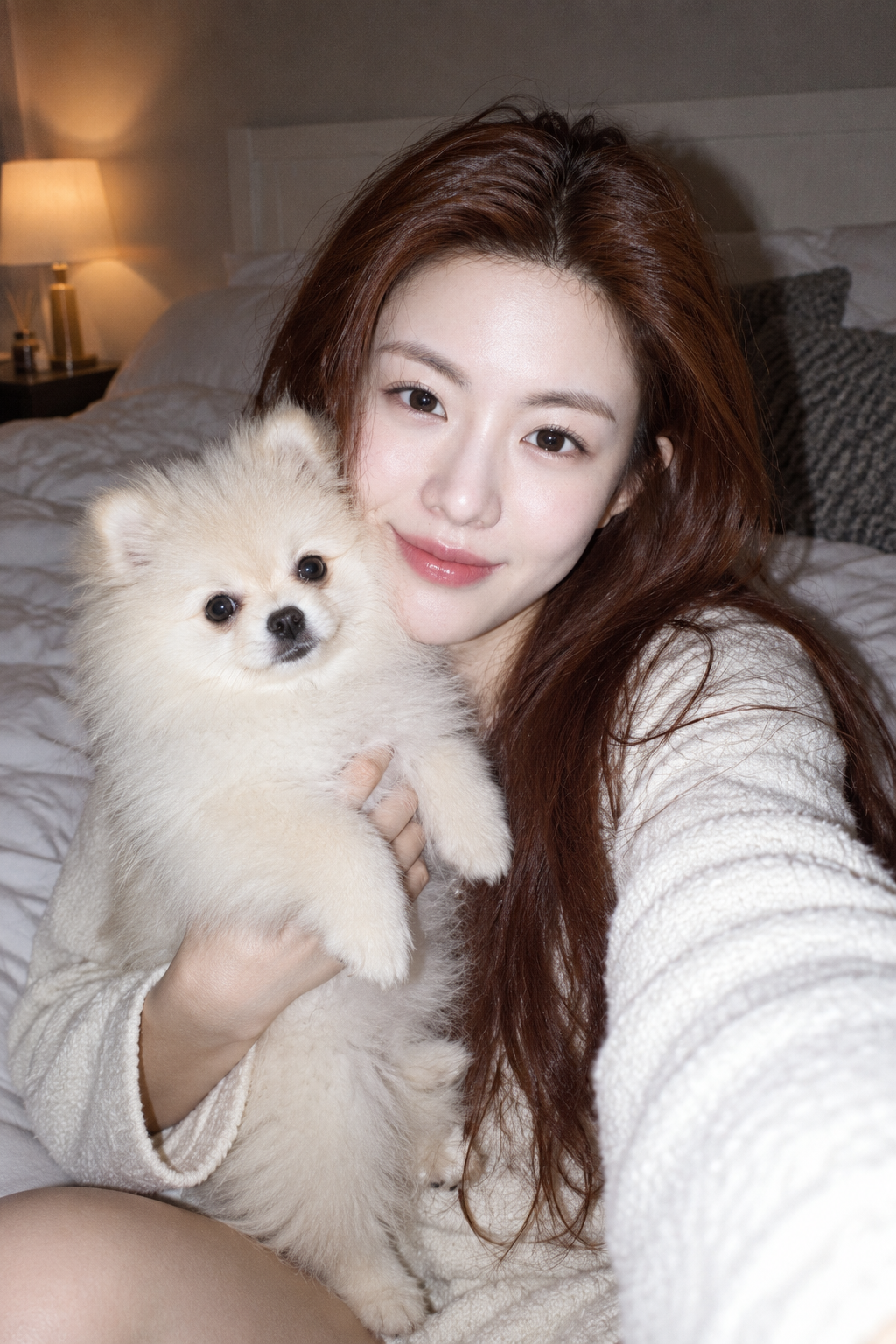 강한 플래시로 찍은 성인 붉은 머리 여성과 크림색 포메라니안