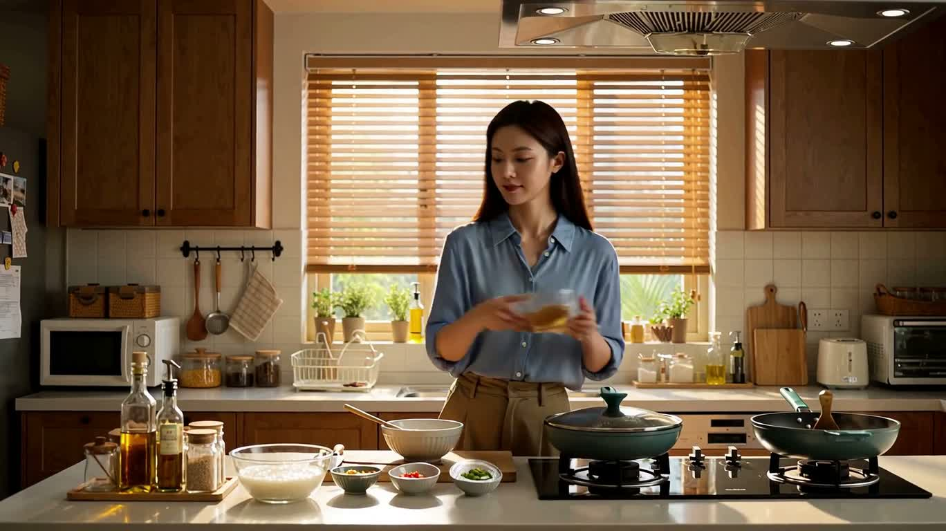 Dîner familial dans une cuisine à la lumière chaleureuse