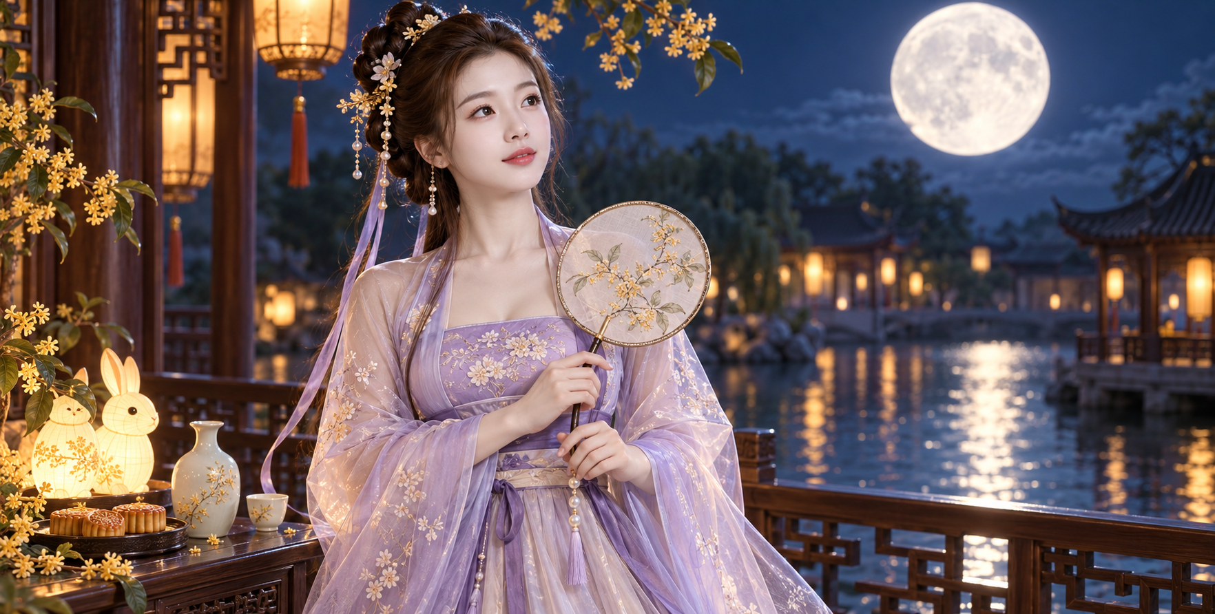 중추 명월 아래 물가 정자의 당풍 한푸 인물화