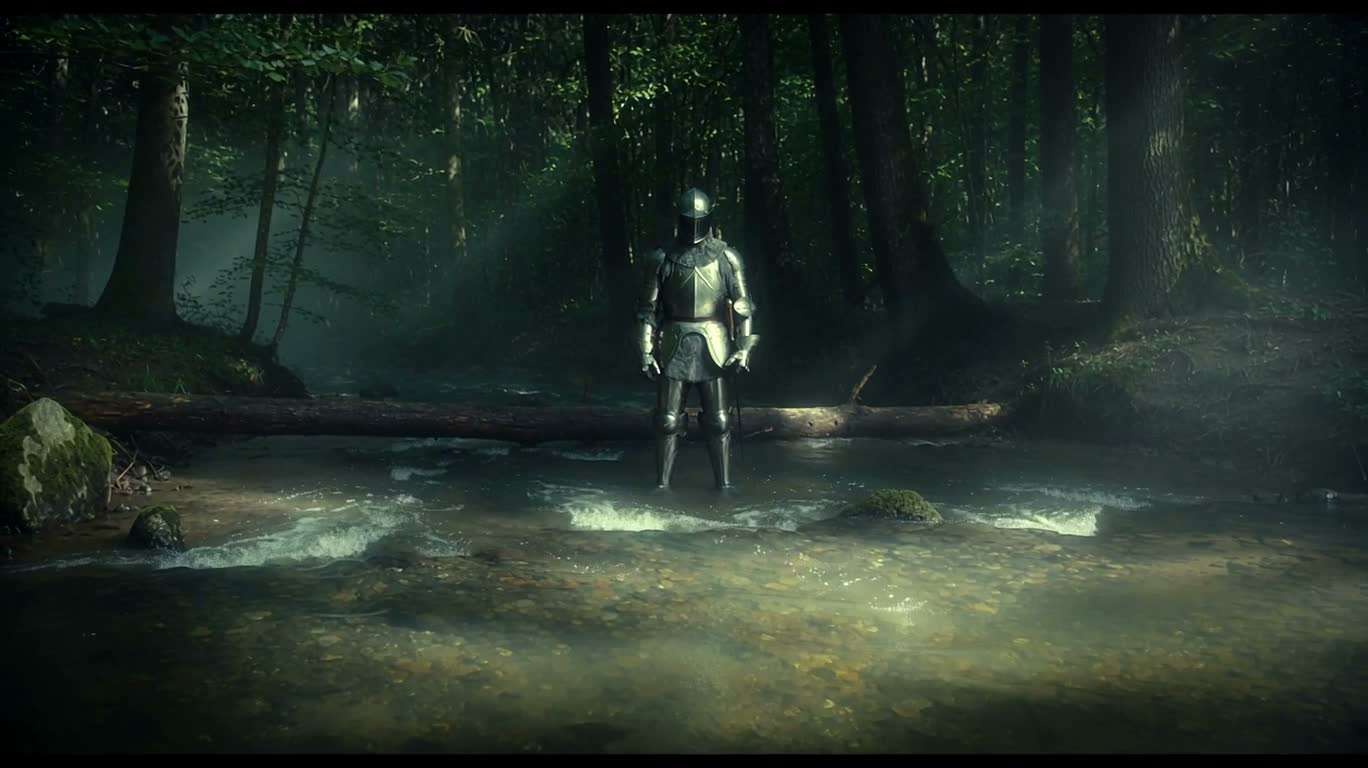 Chevalier à l'armure lumineuse dans la forêt brumeuse — AI video creation