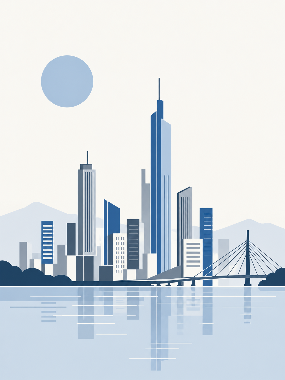 细线与色块构成的极简现代都市插画