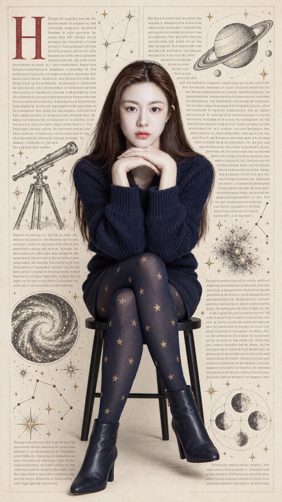 海军蓝金星主题天文学时尚杂志页 — AI image creation
