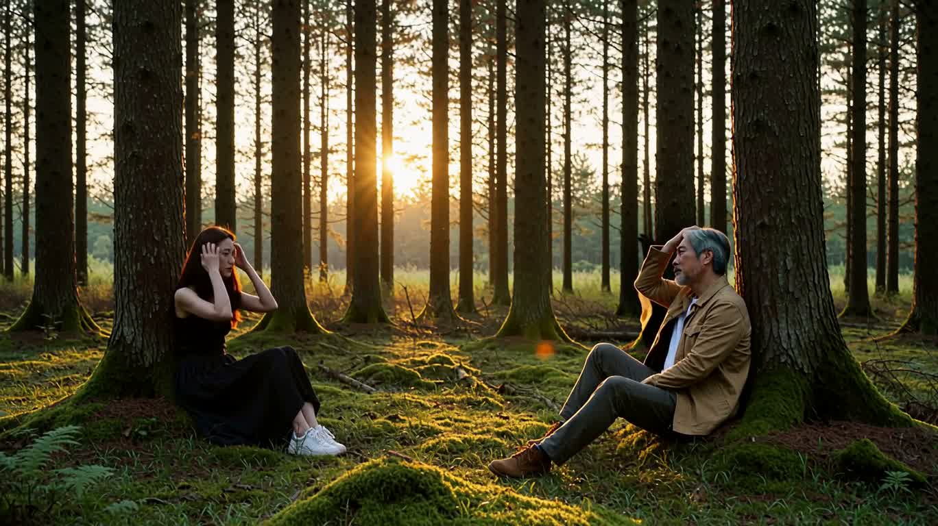Retrouvailles dans les pins au crépuscule