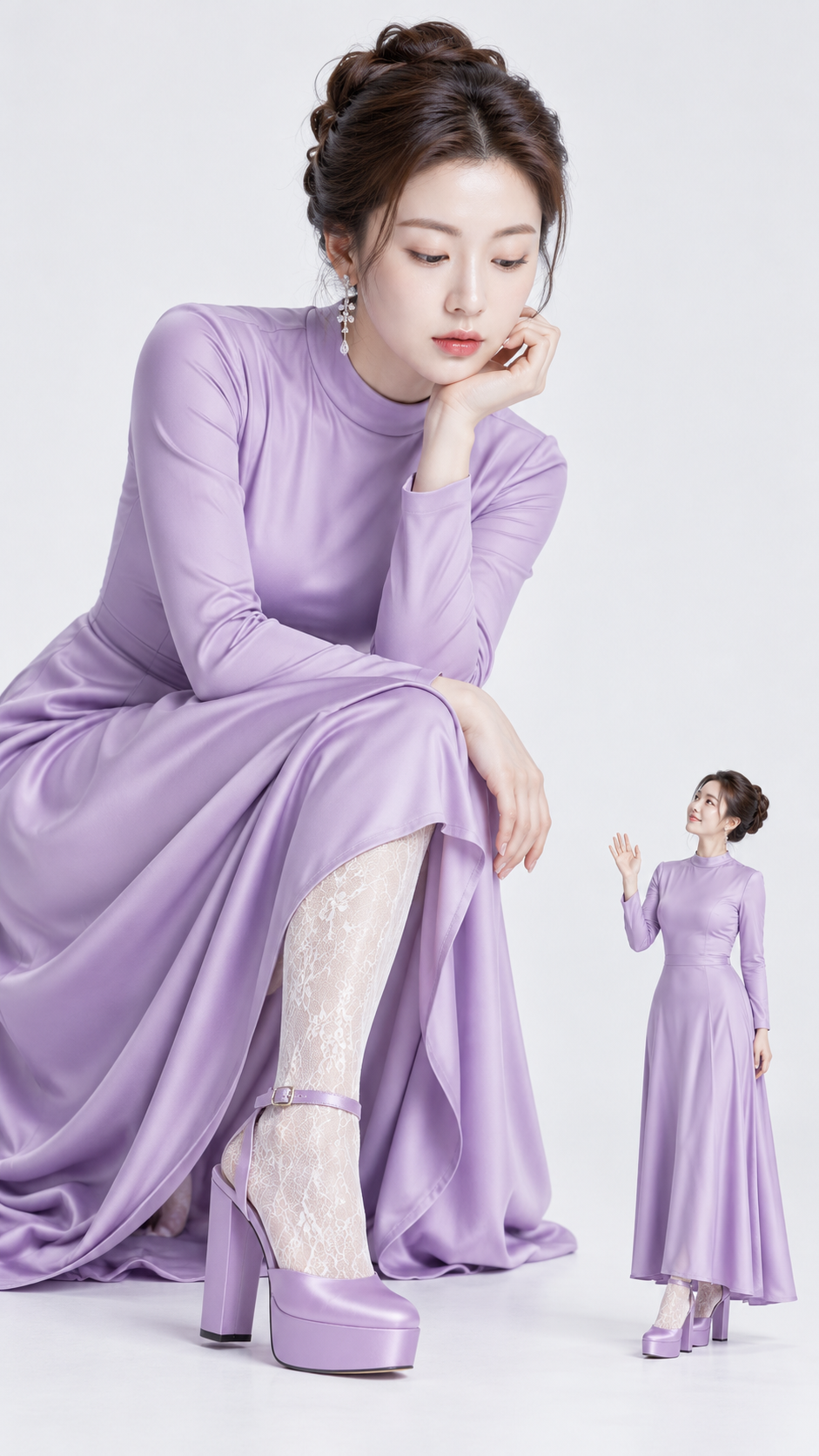淡紫礼服双尺度时尚构图 — AI image creation