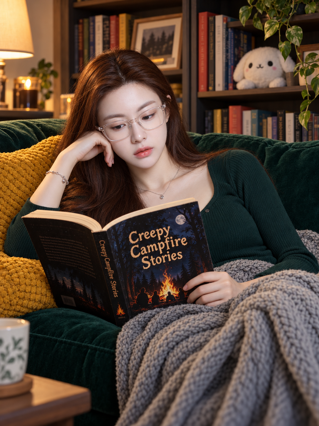 짙은 에메랄드빛 소파에서 《Creepy Campfire Stories》를 읽는 성인 여성
