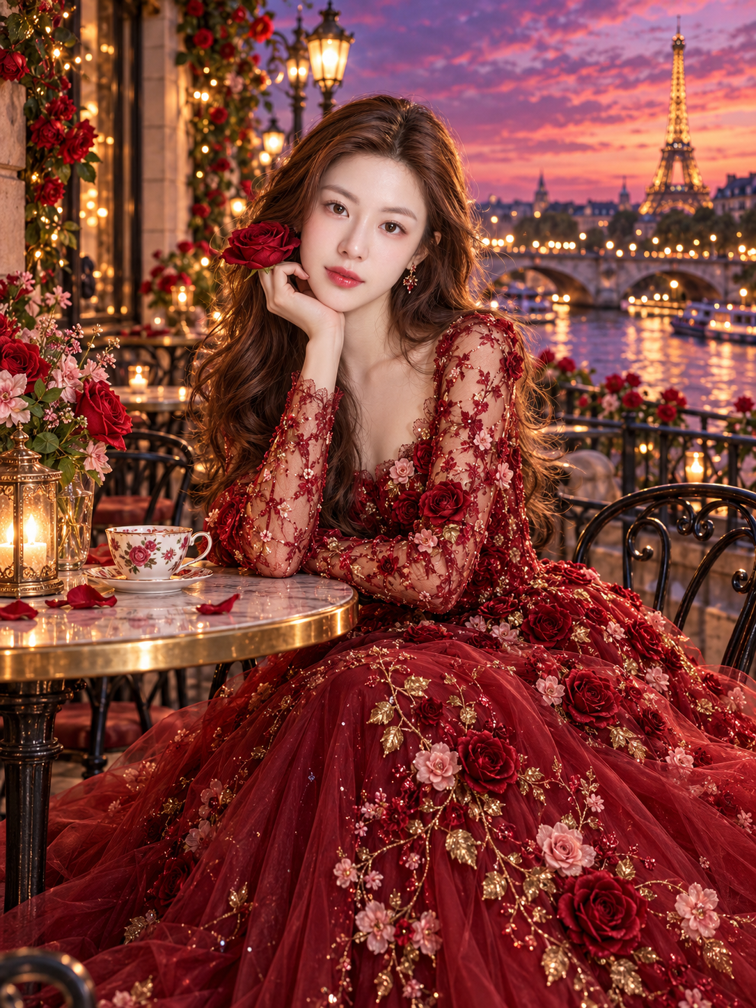 セーヌ河畔の黄昏に咲くローズドレスの幻想ポートレート — AI image creation