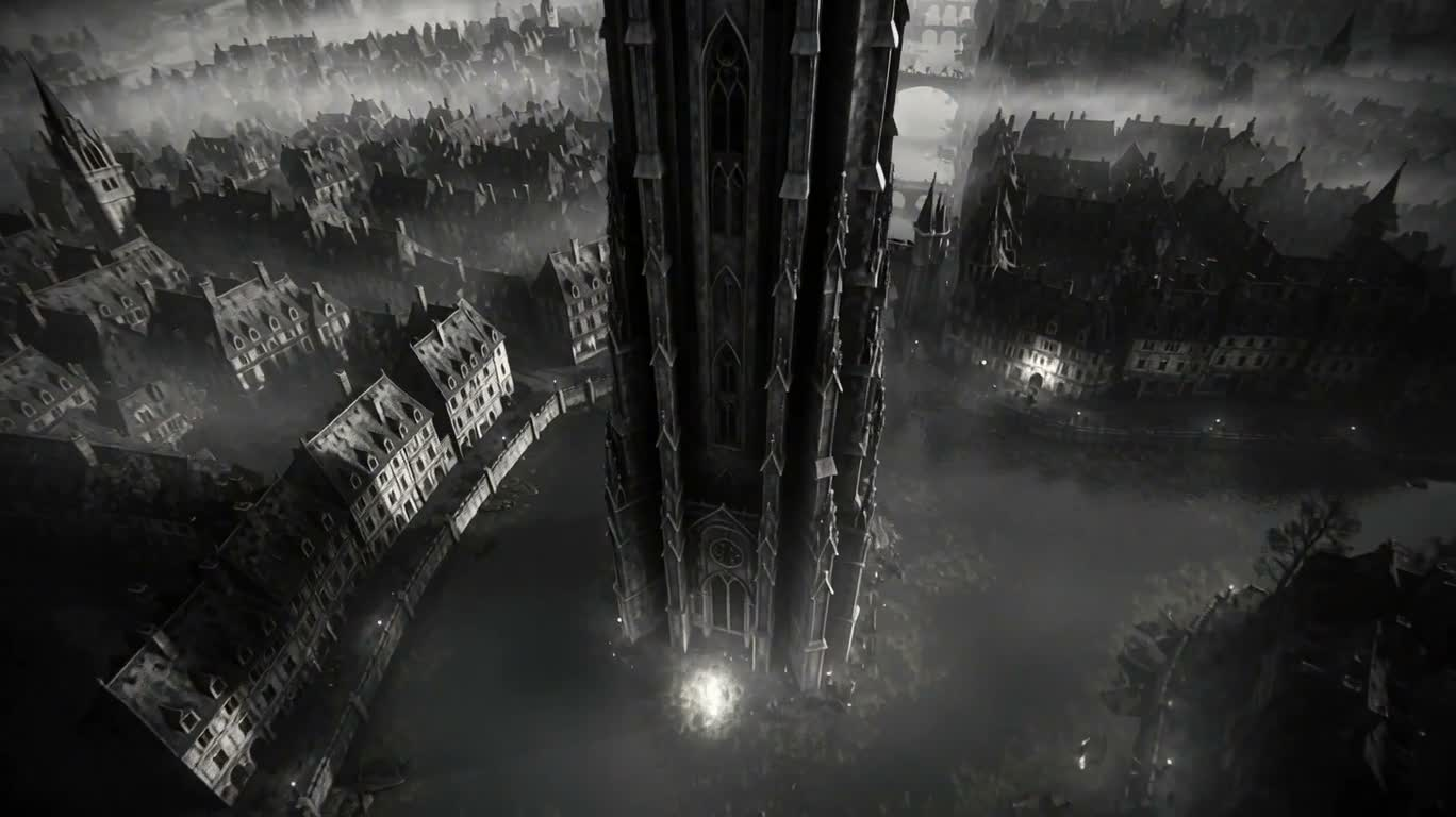 Tour gothique solitaire sous un ciel noir et blanc