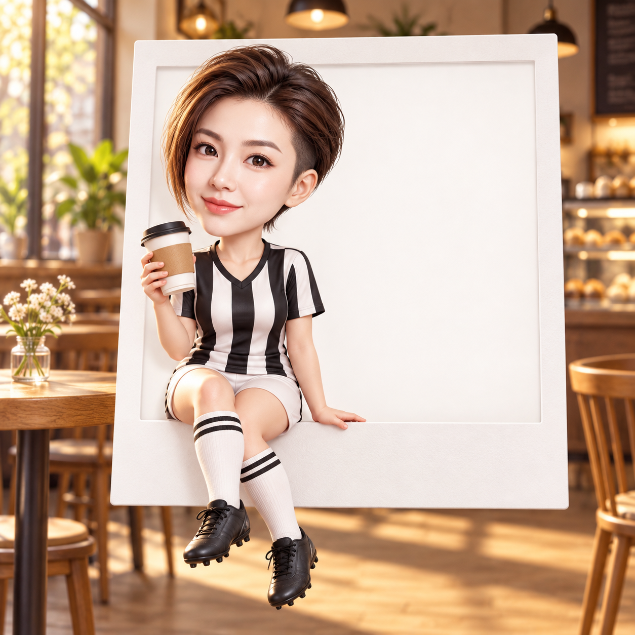 3D-персонаж кофе и футбола на рамке Polaroid