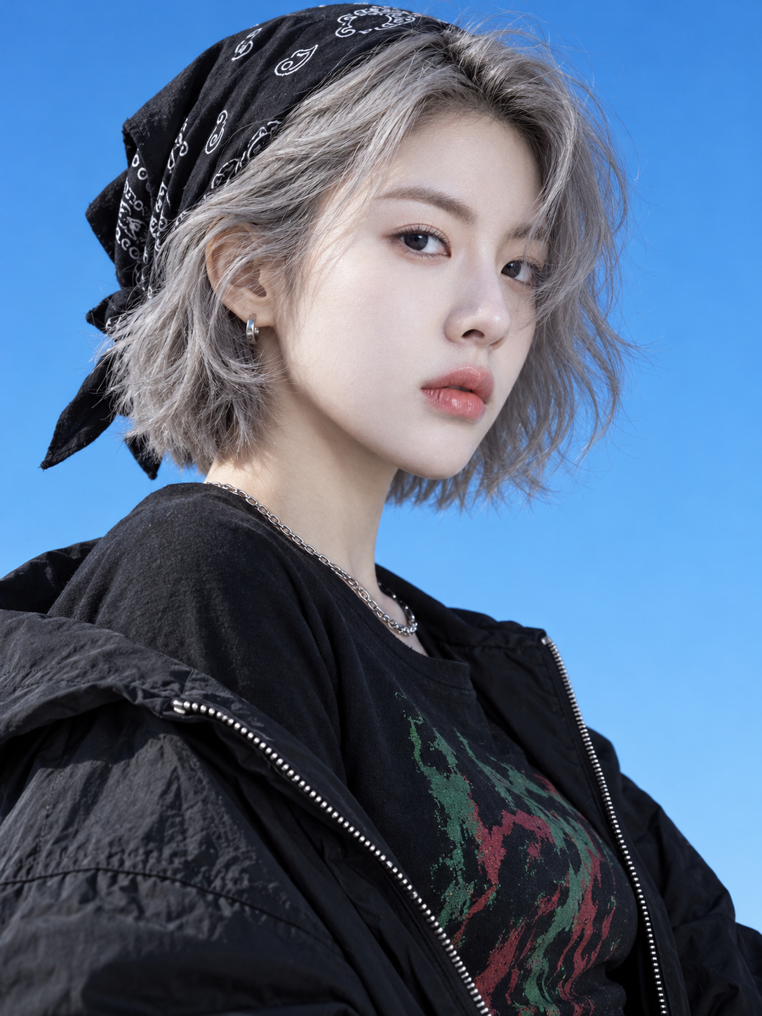Gros plan de profil d'une femme avant-gardiste aux cheveux gris sous un ciel bleu