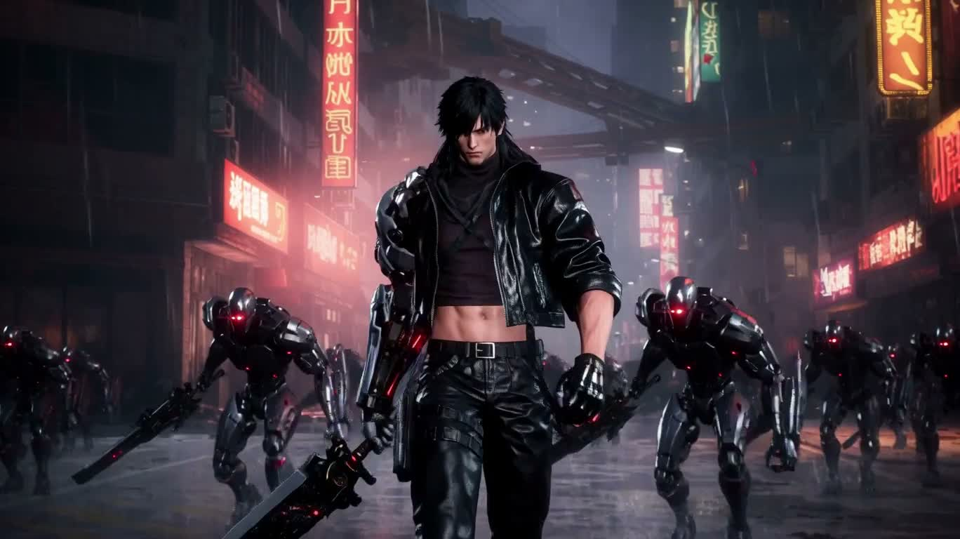 霓虹雨夜的机械臂剑士连击