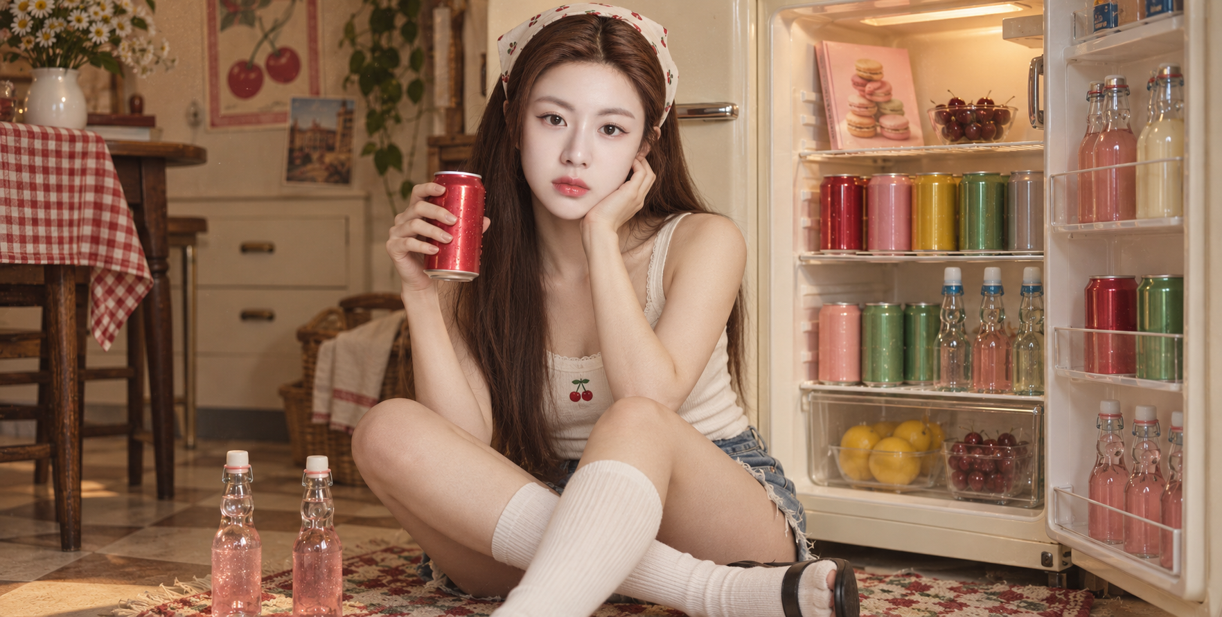 Portrait d'une femme adulte avec une boisson près d'un réfrigérateur rétro