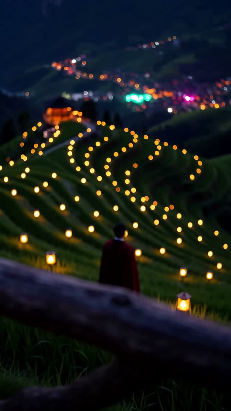 暮色灯海与山间梯田