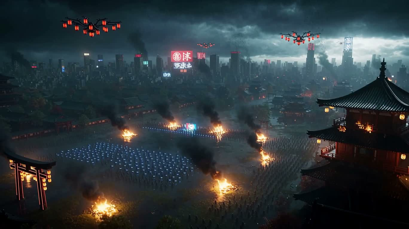 Cyber Samurai Duel in Neon Thunderstorm