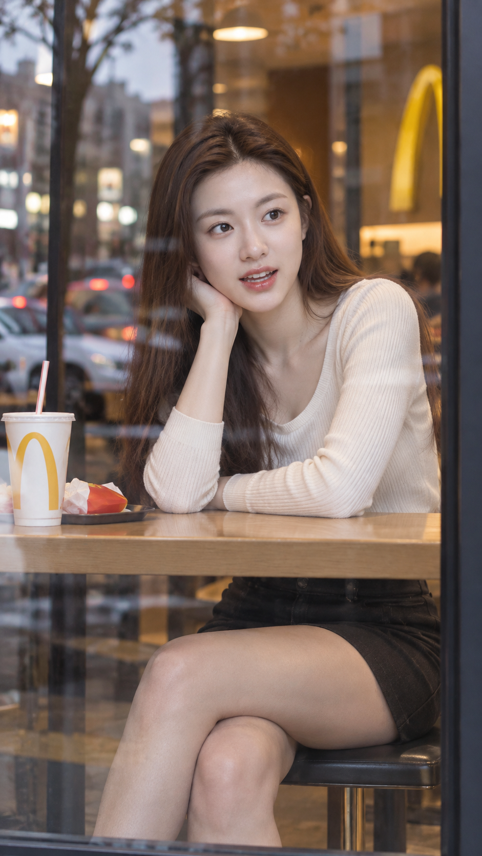 맥도날드 창가의 성인 여성 스트리트 스냅
