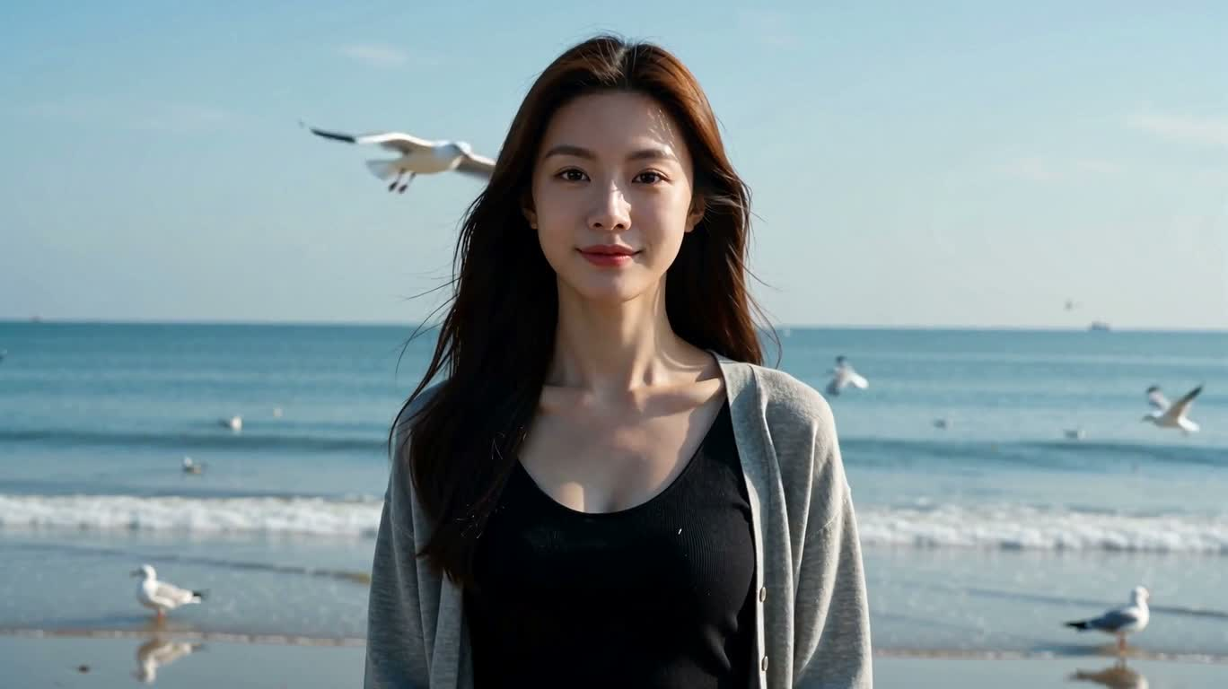 Ánh mắt mỉm cười trên bãi biển nắng — AI video creation