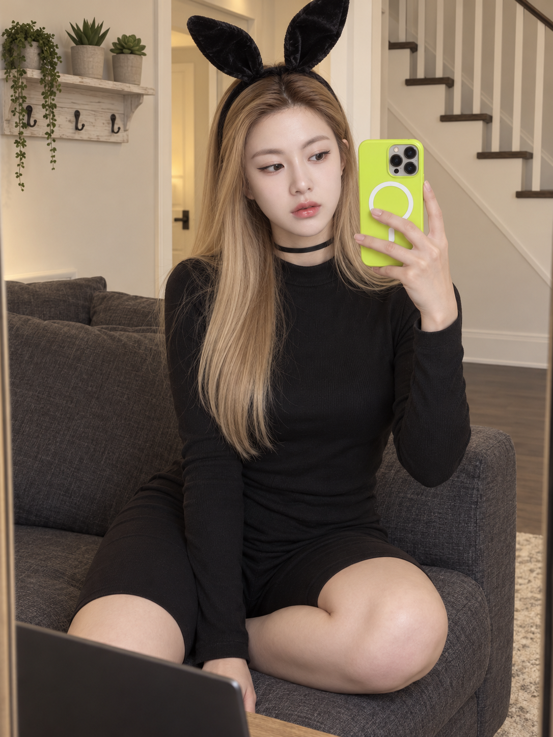 형광 초록 휴대폰 케이스와 토끼 귀 머리띠를 한 집 거울 셀카