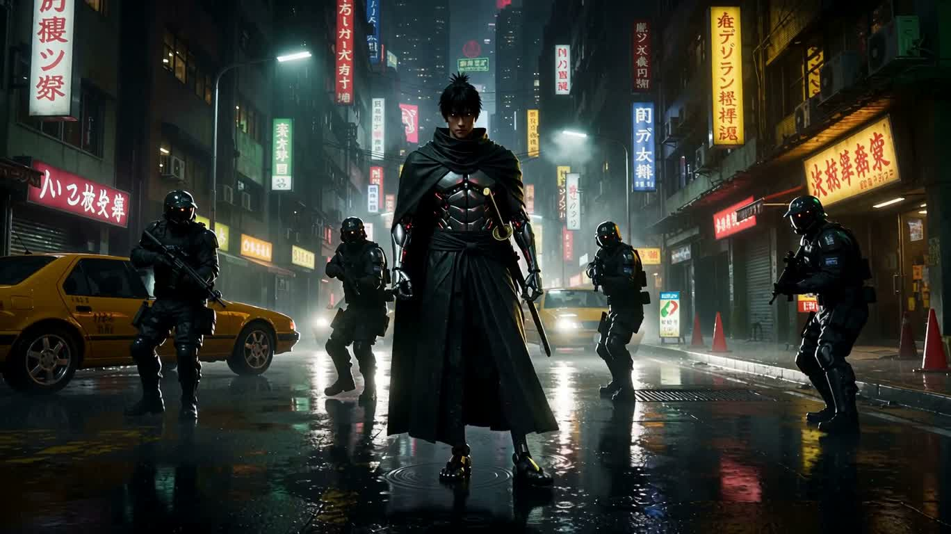 Неоновый дождливый переулок: синий клинок KAGE прорывается