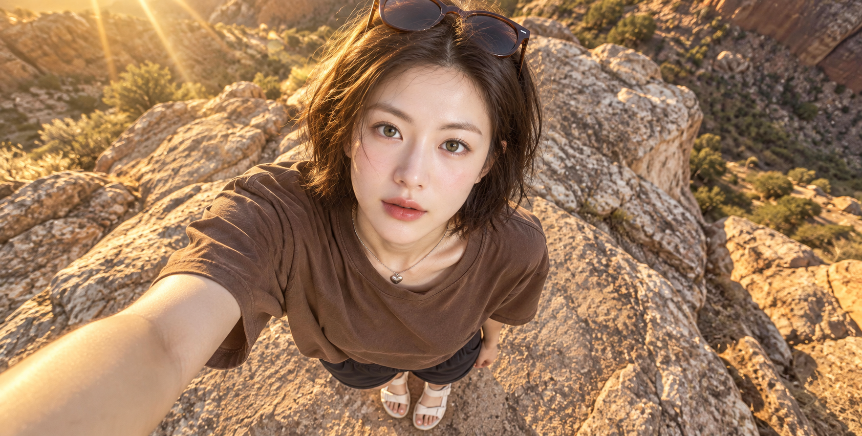 峡谷黄金时刻高角度俯拍成年女性