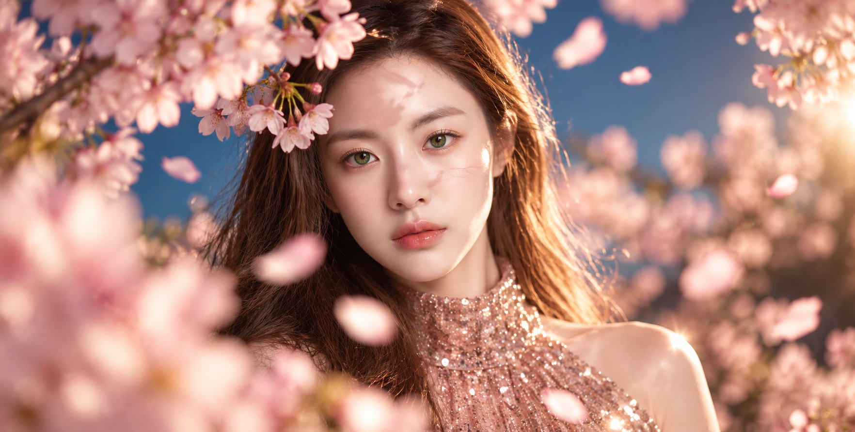 ピンクの花影に包まれた緑の瞳の少女の映画風ポートレート