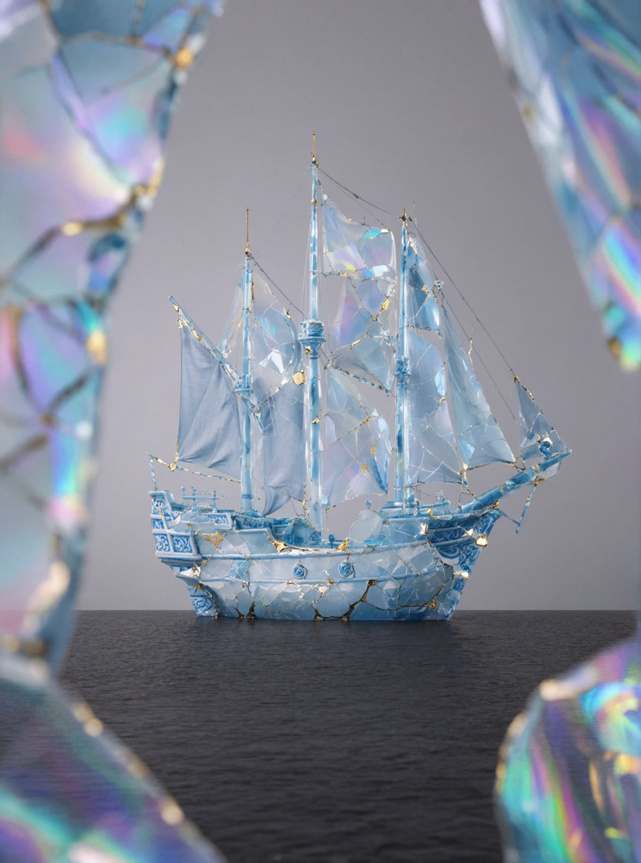 磁器の帆船・ホログラムガラス — AI image creation