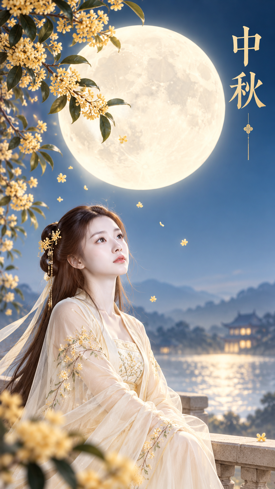 东方禅意极简中秋桂树望月封面海报 — AI image creation
