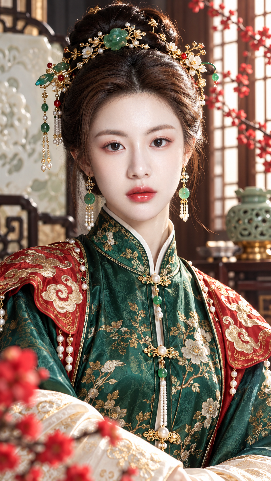 翡翠胭脂鎏彩妆成年贵女明制服饰杂志肖像 — AI image creation