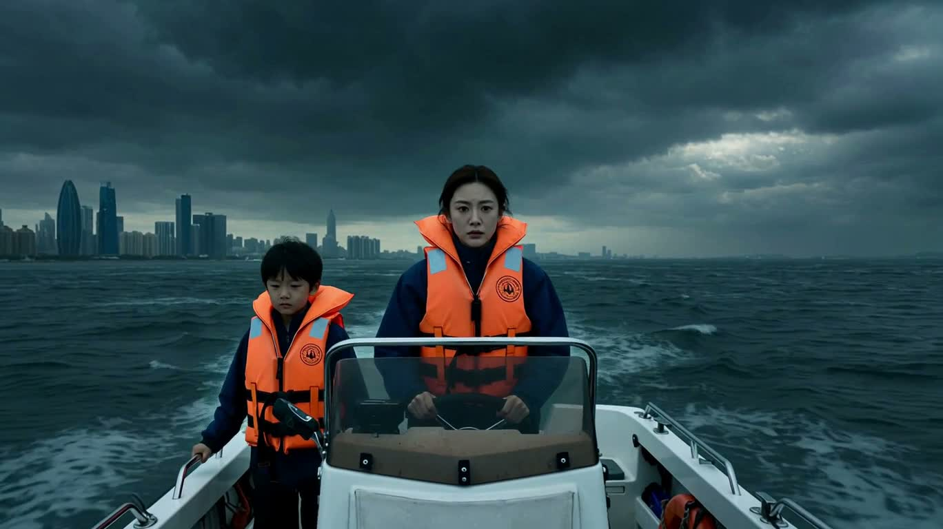 Mère et enfant fuyant un tsunami de tempête