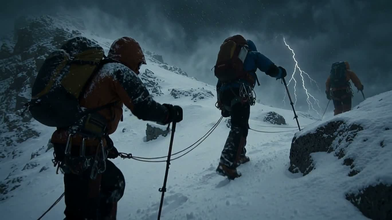 暴风雪中的登山者 — AI video creation