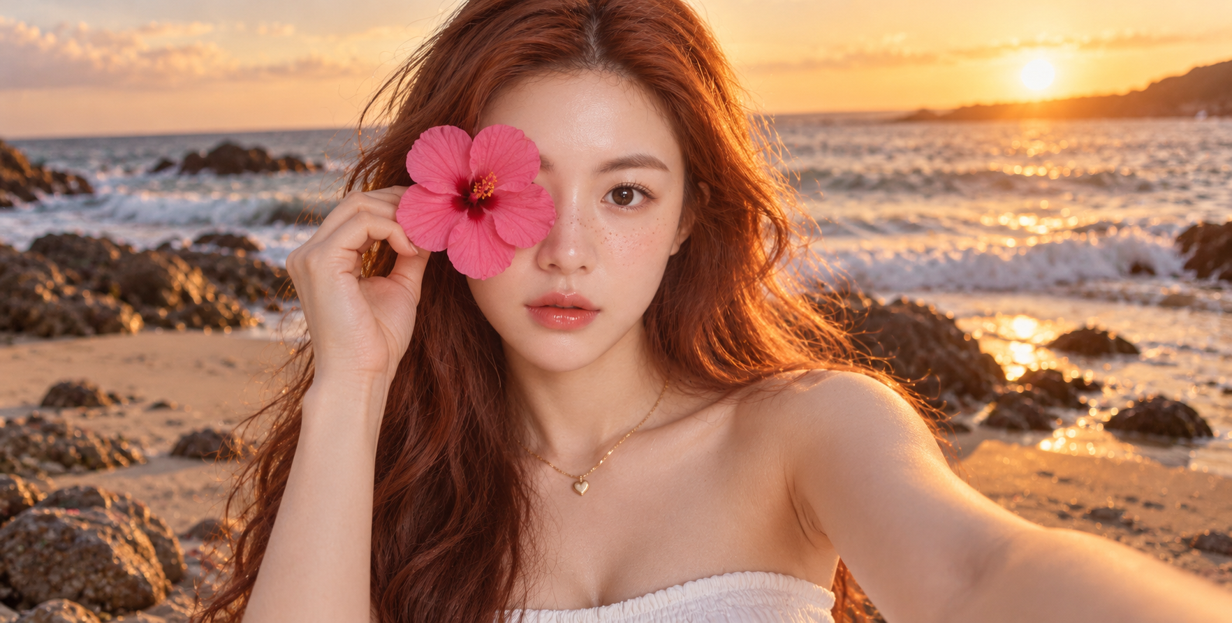 골든 아워 해변 꽃 셀카