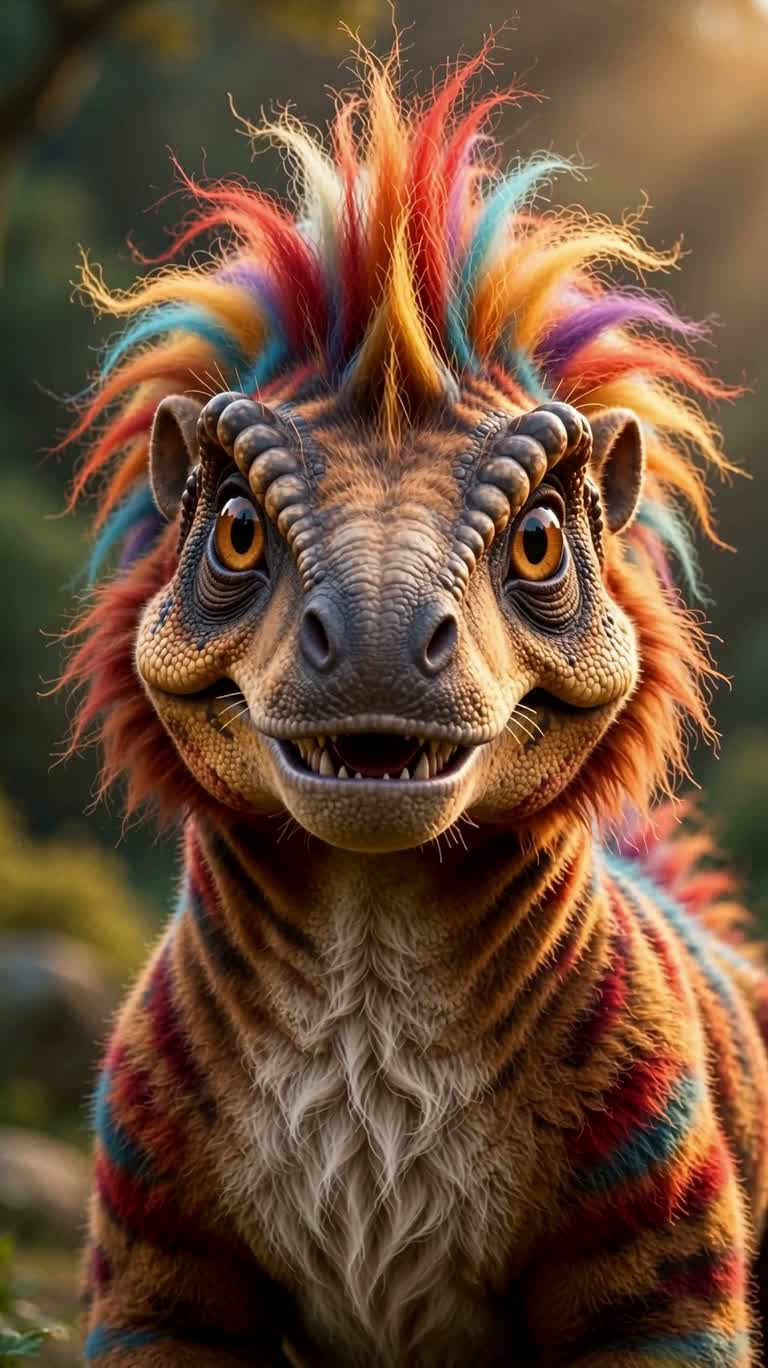 Portrait d'un dragonnet à crinière colorée — AI video creation
