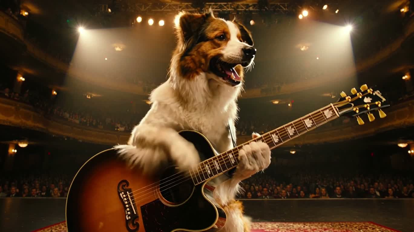 Chien guitariste passionné dans la salle de concert