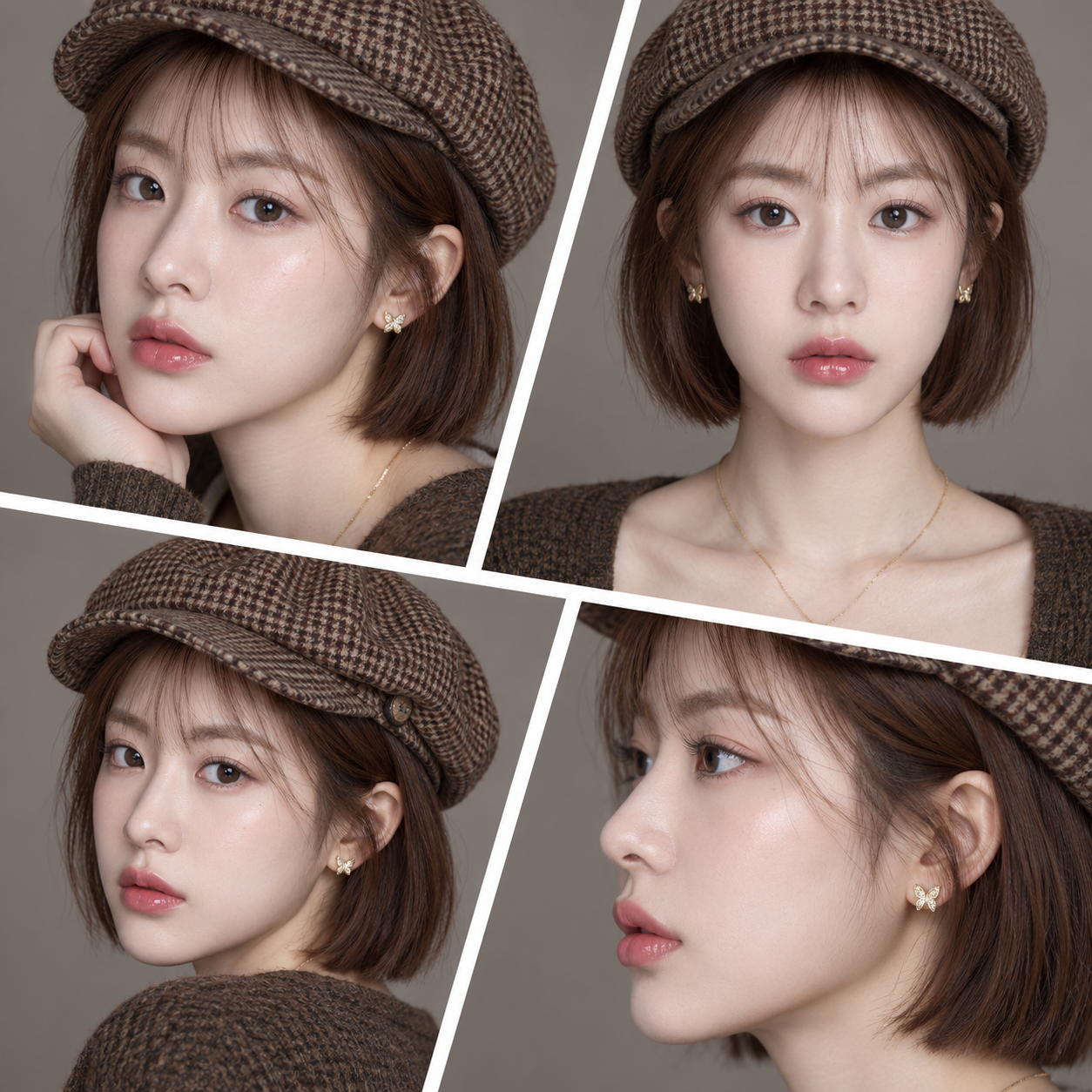 Portrait beauté coréen en quatre cases avec casquette newsboy marron