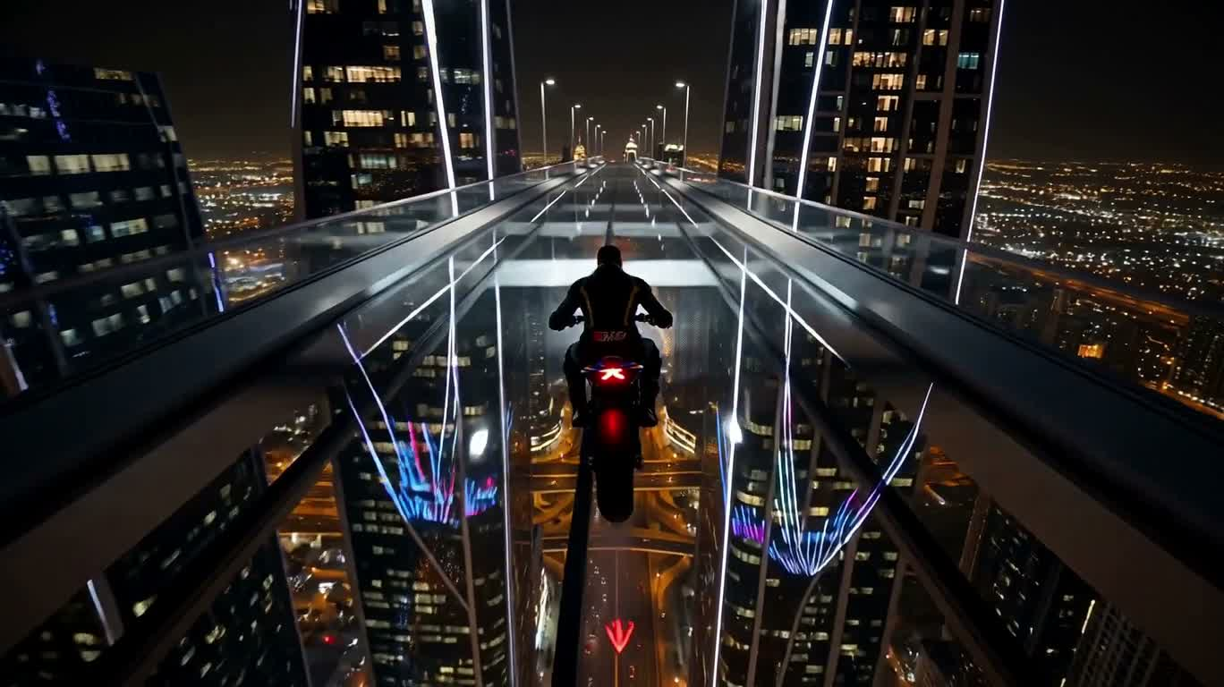 夜の橋を疾走：都市のバイクスタント
