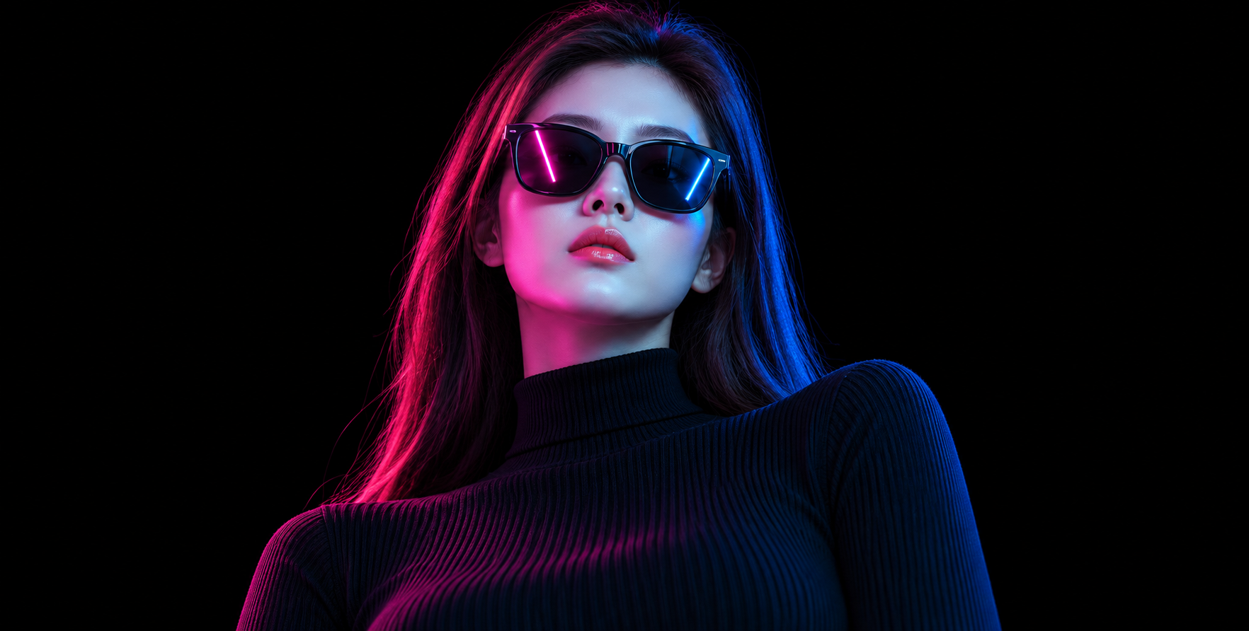 블루 핑크 네온 아래 사이버 누아르 검은 선글라스 인물