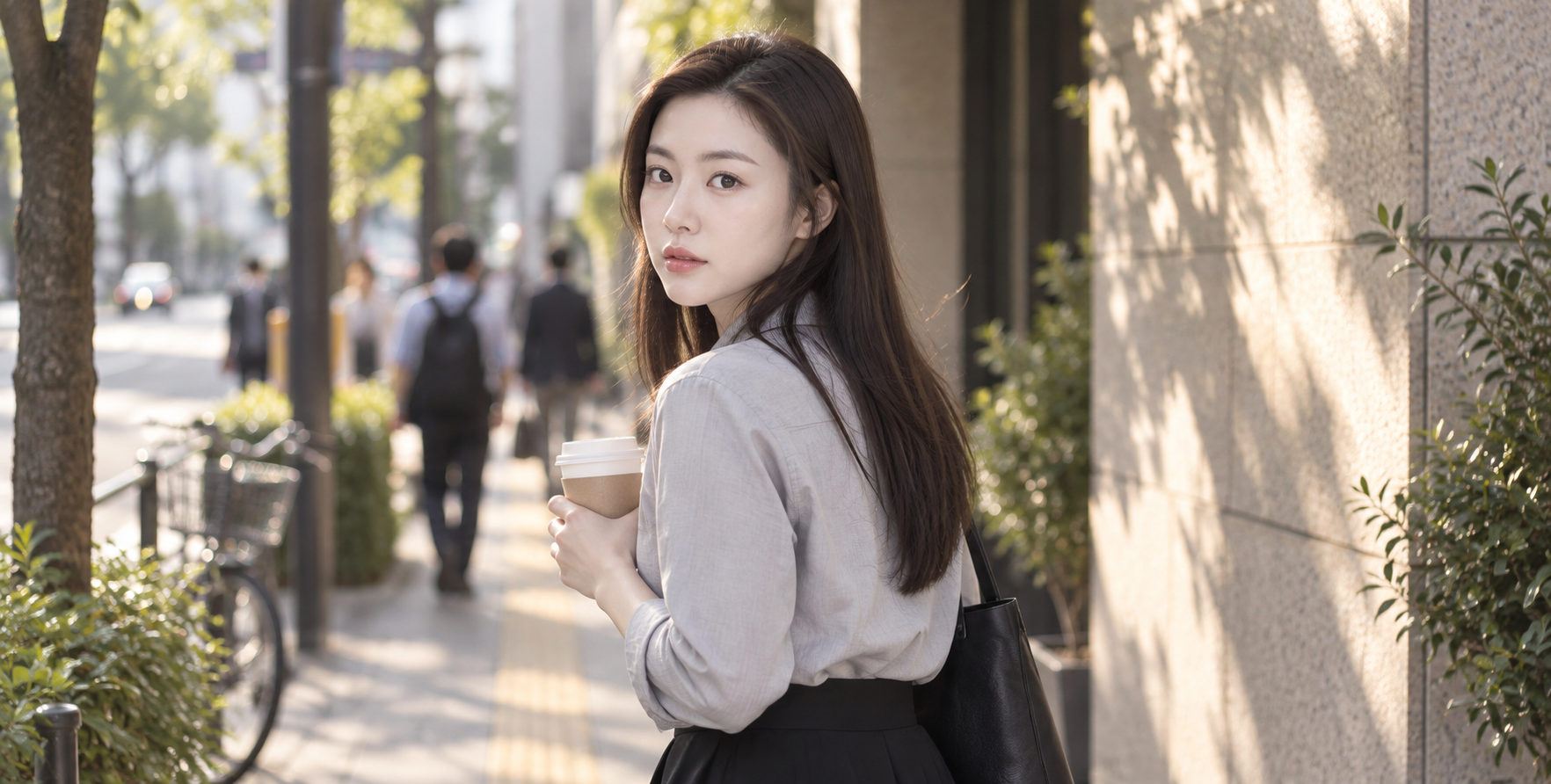 东京街头持咖啡的优雅成年女性