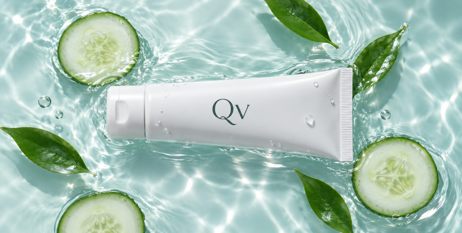 静かな水面に浮かぶ白いチューブのQvきゅうりハンドクリーム広告