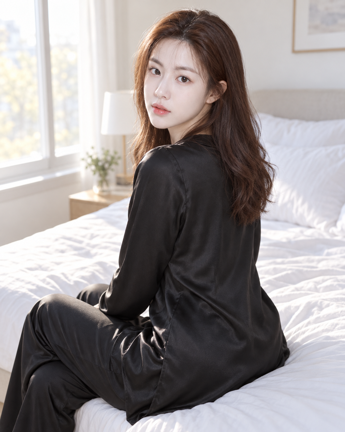 晨光卧室成年女性黑缎家居人像模板