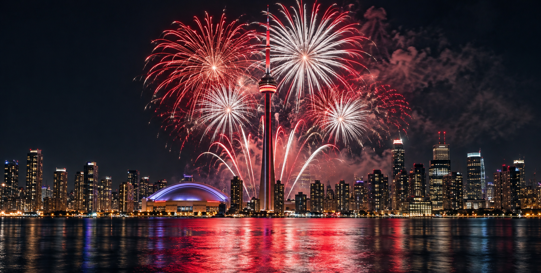 Feux d'artifice rouges et blancs sur les quais de Toronto