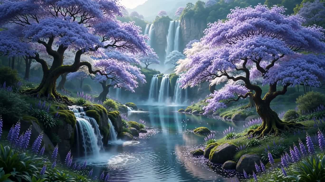Havre de cascade et d'arbre en fleurs indigo