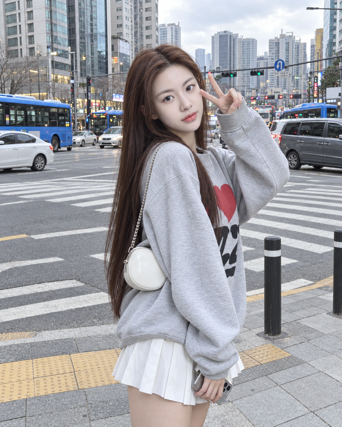 韓国の街角でVサインをする大人女性のストリートスナップ