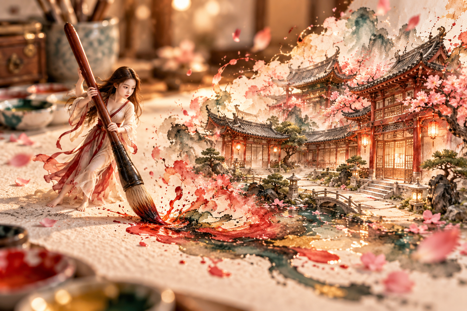 微缩画师以水彩绘出东方庭院 — AI image creation