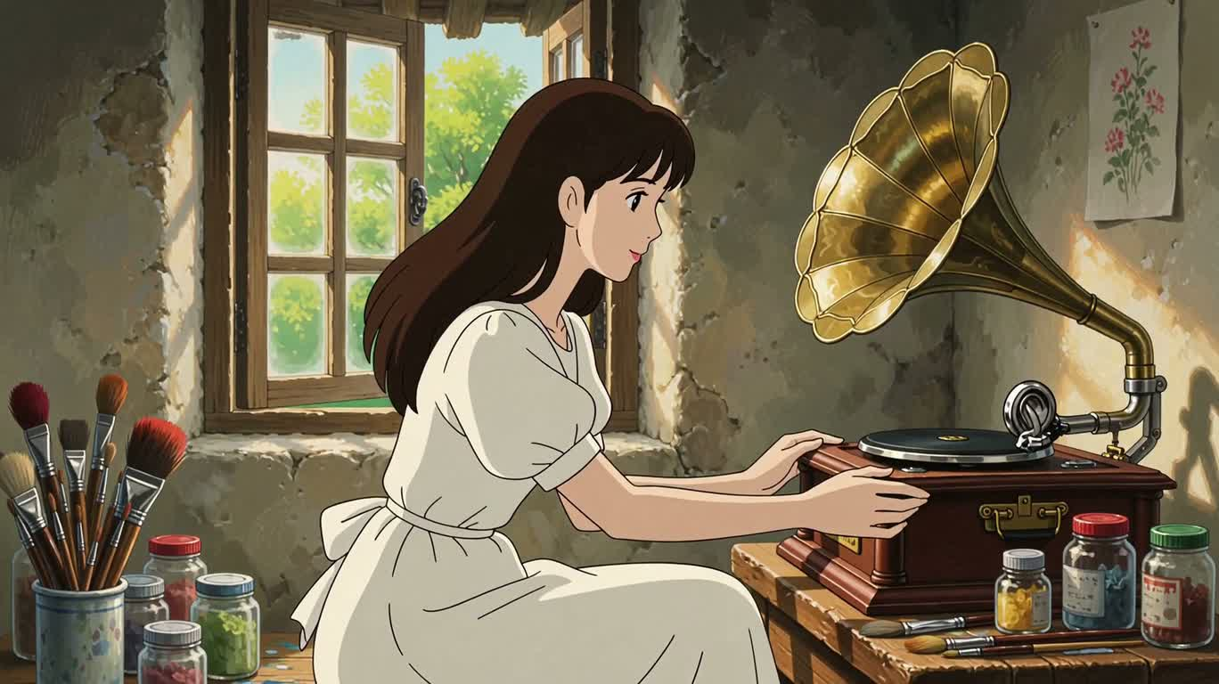 햇살 드는 화실의 레코드와 차, 푸른 붓