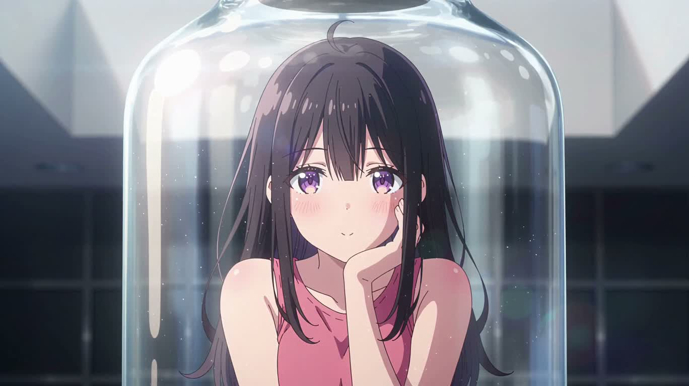 Jeune fille anime souriante dans une bouteille