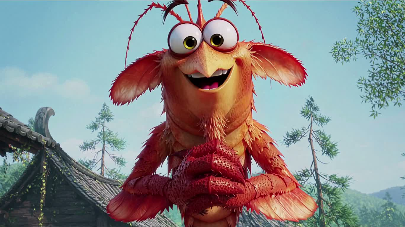 カメラの前の元気なエビのキャラクター