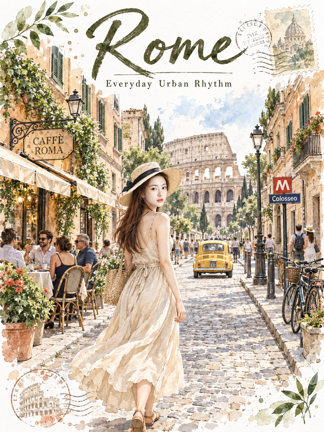 コロッセオ前のローマ水彩旅行ポスター